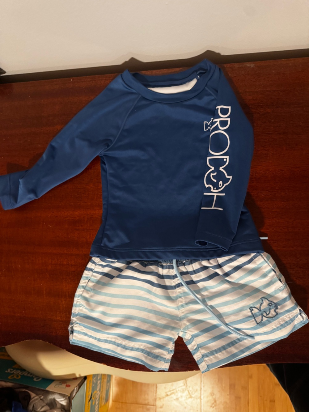 Kids Blue Long-Sleeve Rash Guard & Blue Striped Swim Shorts Set